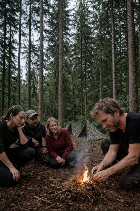 Kochen am Feuer im Wald beim Trapper-Wochenende